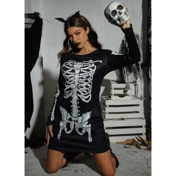 Women's Halloween Costume Skeleton Funny Long Sleeve Midi Skeleton Dresses - Picture 6 of 8